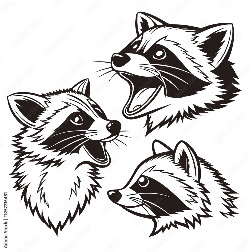 Obraz premium cute three Raccoons outline: black and white symbol design elegant logo premium luxury brand identity icon silhouette vector image drawing for t-shirt prints