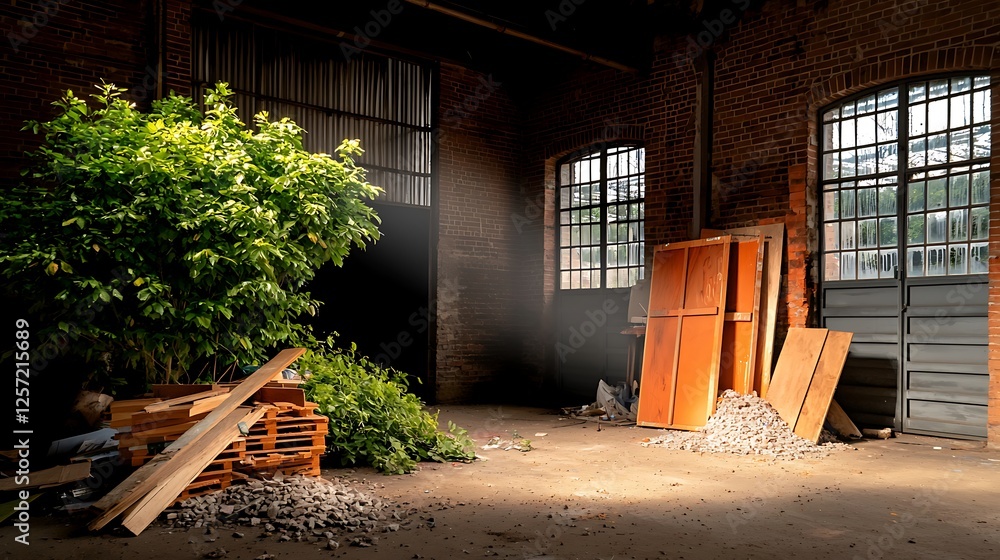 Fototapeta premium Sunlight streaming into an abandoned warehouse, illuminating scattered wood and greenery