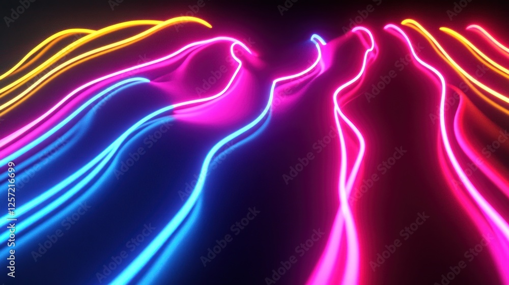 Naklejka premium Wavy neon lines flowing across a dark surface glow brightly