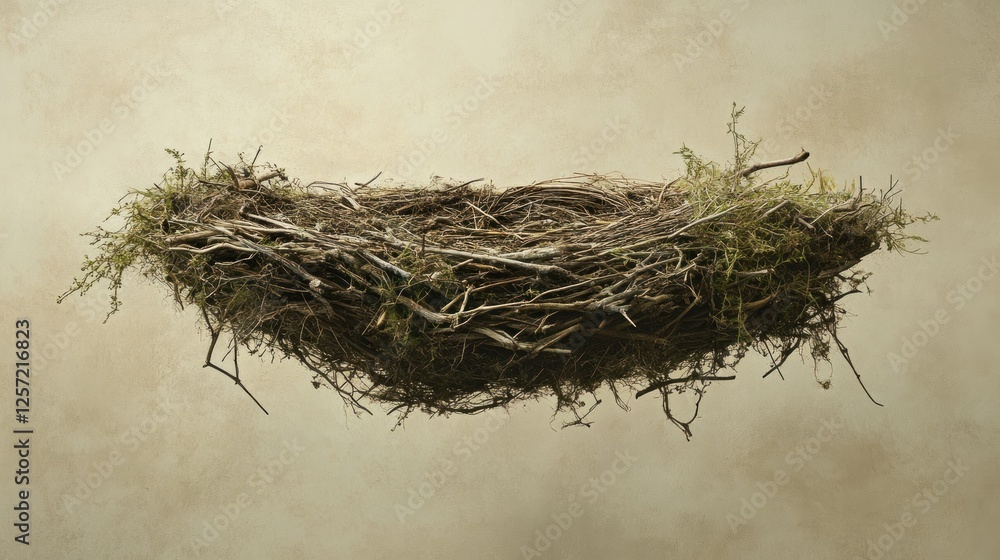 Fototapeta premium Empty bird's nest, neutral background, studio shot, nature, ideal for a children's book