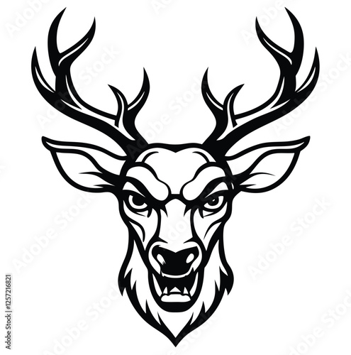 Monochrome Barking Reindeer Front Face Design Logo Style Vector Illustration Silhouette on White Background for Tattoo Photo Overlays T-shirt Print Flyer Poster Design