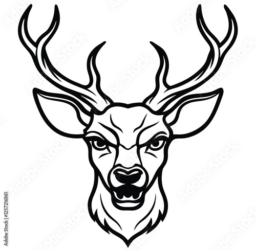 Monochrome Barking Reindeer Front Face Design Logo Style Vector Illustration Silhouette on White Background for Tattoo Photo Overlays T-shirt Print Flyer Poster Design