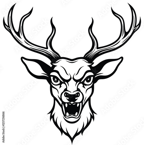 Monochrome Barking Reindeer Front Face Design Logo Style Vector Illustration Silhouette on White Background for Tattoo Photo Overlays T-shirt Print Flyer Poster Design