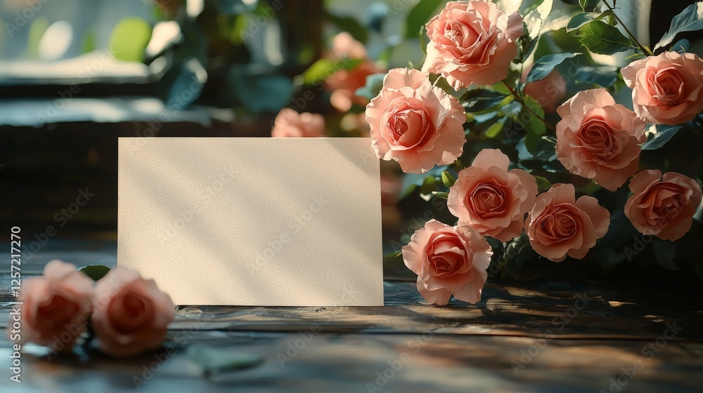 Obraz premium Mockup A Simple Blank Paper Card Resting on a Wooden Table Surrounded by Natural Light Creating a Calm and Minimalist Atmosphere for Creativity Valentine
