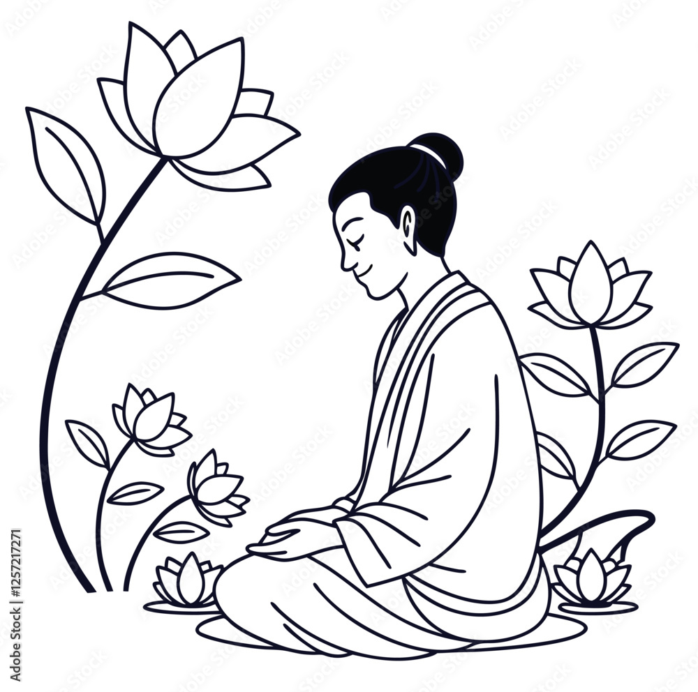 Obraz premium Monk in lotus yoga pose, a vector illustration icon for zen meditation and spiritual relaxation silhouette isolated vector sketch freehand outline hand drawn sketchy line art sign