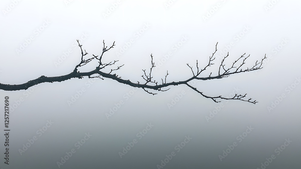 Misty Branch Silhouette: A stark, solitary branch, stripped bare of leaves, stretches across a misty canvas. Its silhouette, a study in contrasts, evokes a sense of serenity and quiet contemplation. Misty Branch Silhouette: A stark, solitary branch, stripped bare of leaves, stretches across a misty canvas. Its silhouette, a study in contrasts, evokes a sense of serenity and quiet contemplation.