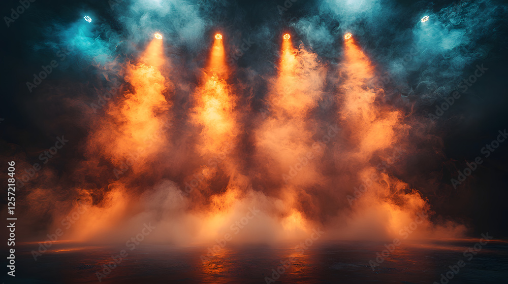 Naklejka premium Ethereal Stage Ambiance: Three beams of vibrant orange and blue spotlights pierce through a swirling curtain of fog, creating a mesmerizing scene of theatrical intrigue.