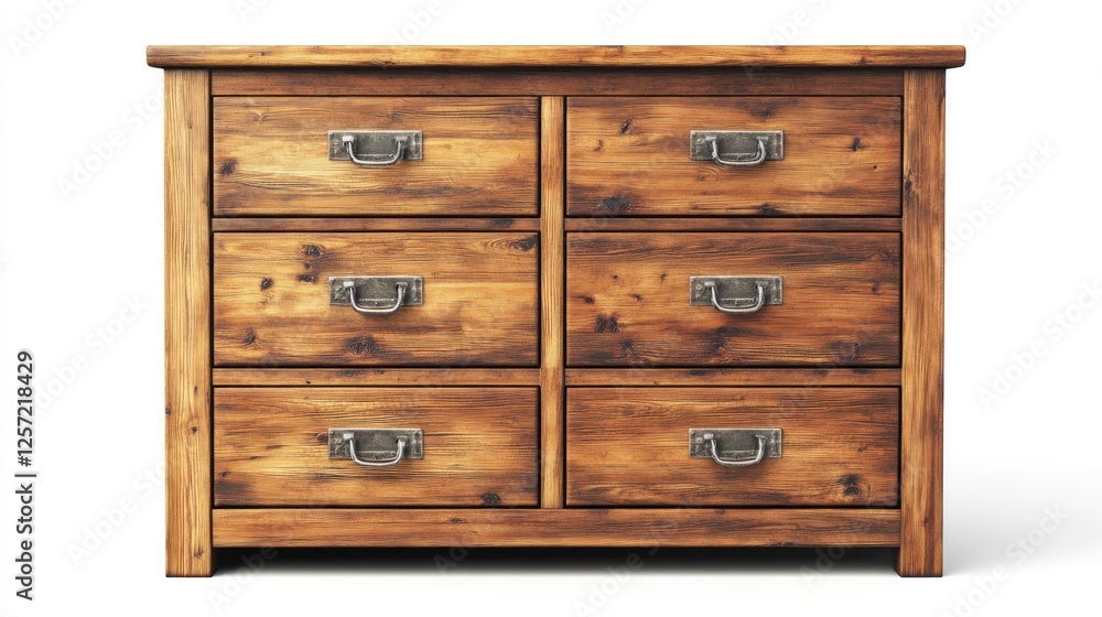 Rustic wooden chest of drawers, six drawers, home storage, white background, furniture catalog Rustic wooden chest of drawers, six drawers, home storage, white background, furniture catalog