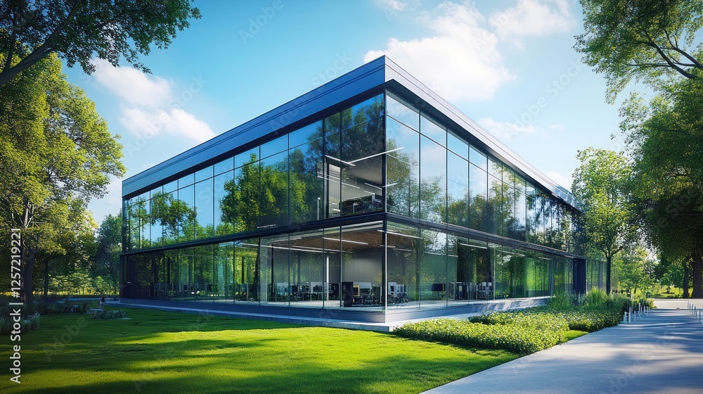 Modern glass office building, park setting, sunny day, architectural design, real estate Modern glass office building, park setting, sunny day, architectural design, real estate