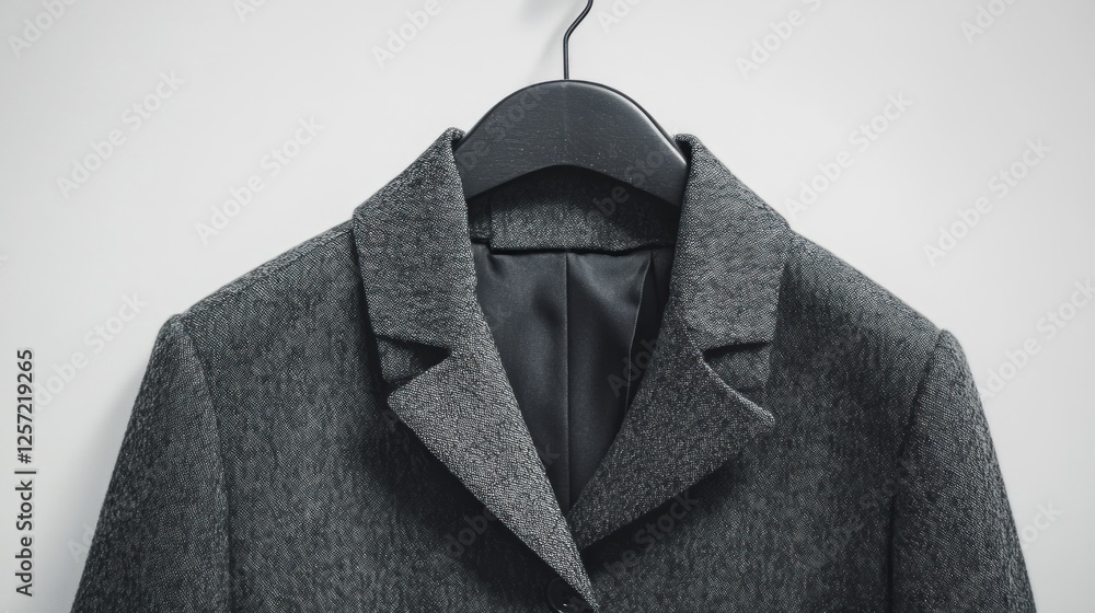 Gray wool blazer on hanger, minimalist style Gray wool blazer on hanger, minimalist style