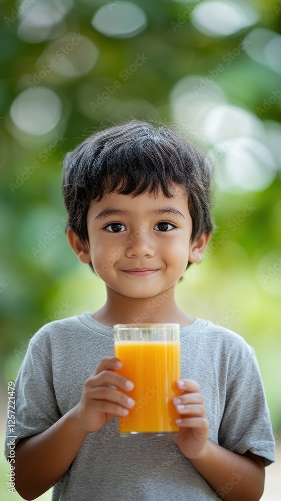 A happy young Hispanic boy smiles while holding a glass of fresh juice outdoors A happy young Hispanic boy smiles while holding a glass of fresh juice outdoors