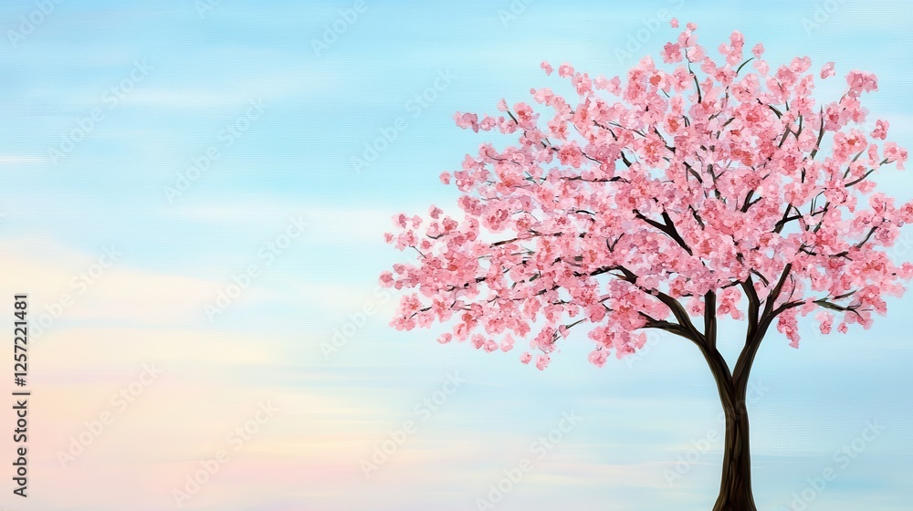 Fototapeta premium Pink Cherry Blossom Tree Against Pastel Sky
