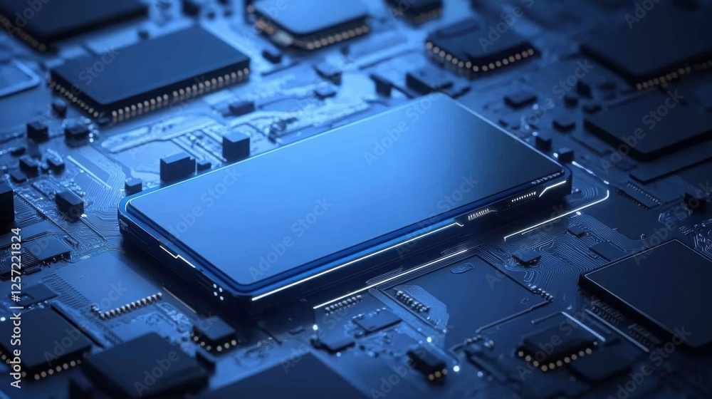 Modern Blue Microchip on Circuit Board Technology Modern Blue Microchip on Circuit Board Technology