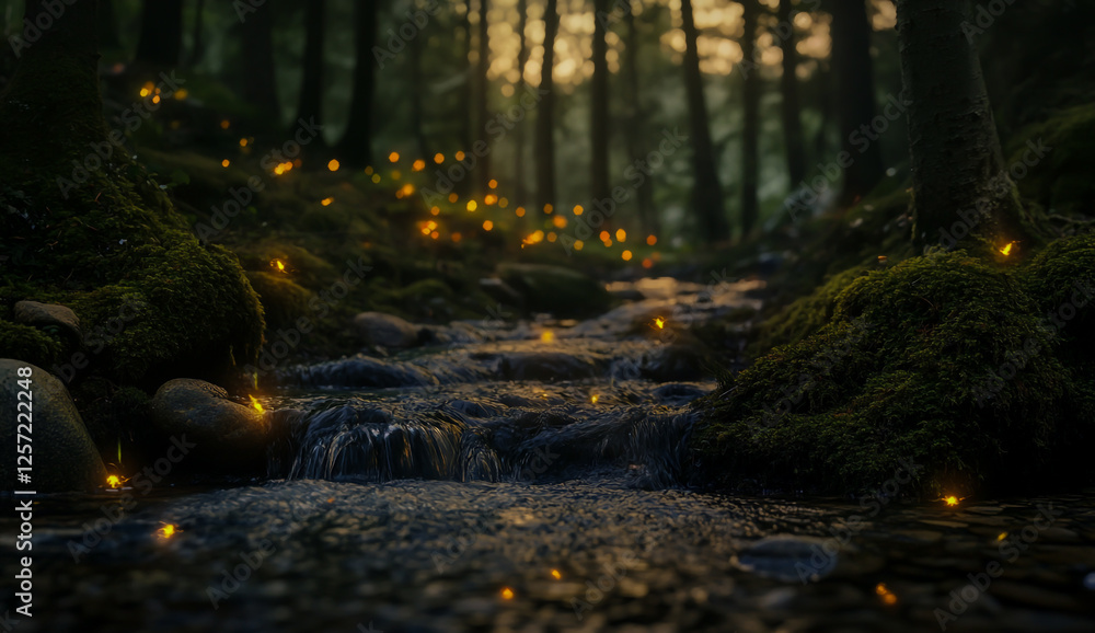 A quiet forest stream is lined with luscious moss, ethereal shimmering light filtering through the distant trees. A quiet forest stream is lined with luscious moss, ethereal shimmering light filtering through the distant trees.