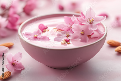 Wallpaper Mural A pink smoothie bowl garnished with edible flowers and almonds, softly lit and centered on a plain surface, concept of healthy eating Torontodigital.ca