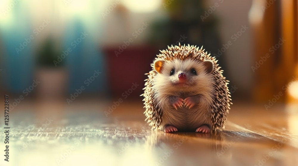 A small cute hedgehog is sitting on a wooden surface A small cute hedgehog is sitting on a wooden surface