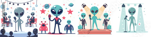 An alien playing a game of tag with other aliens, looking joyful. style flat design, simple, minimalist, background white. standing full body