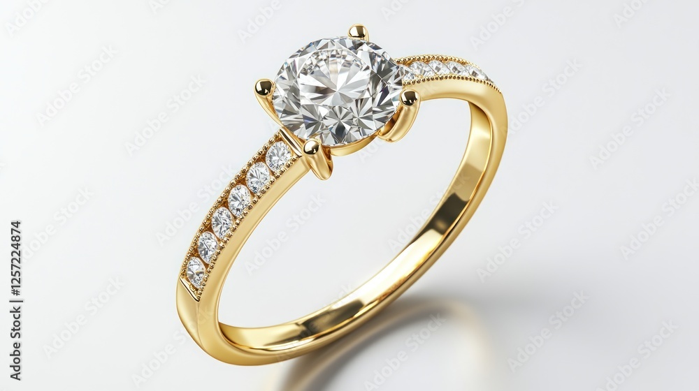 Gold ring with round diamond, elegant jewelry, studio shot, accessory Gold ring with round diamond, elegant jewelry, studio shot, accessory