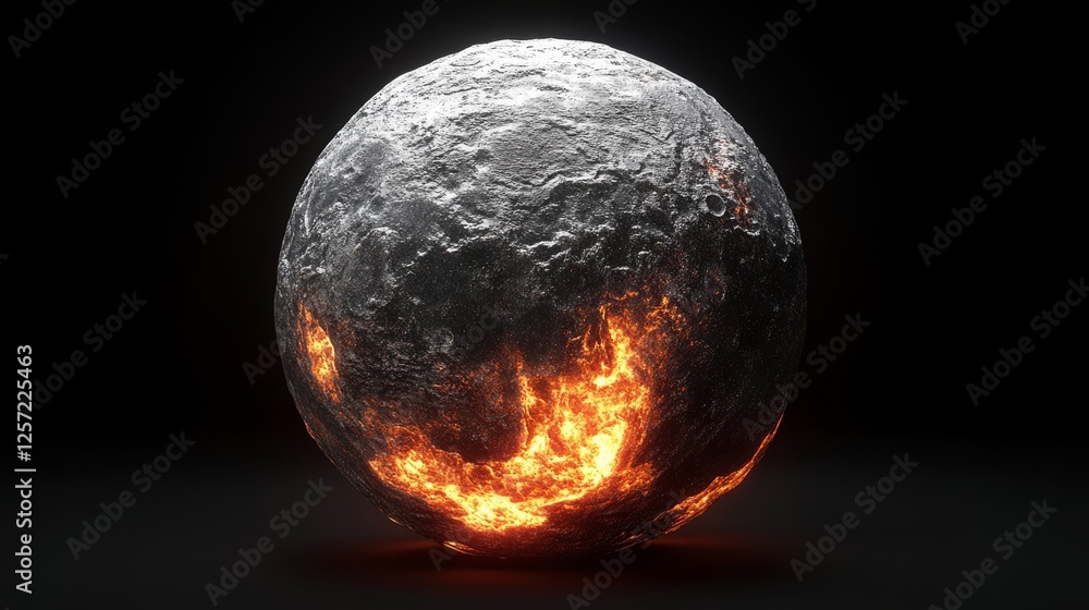 a grey shiny metallic looking rocky planet with a molten rim all around, as seen from space or orbit, on a plain black background a grey shiny metallic looking rocky planet with a molten rim all around, as seen from space or orbit, on a plain black background