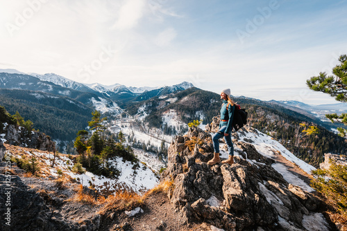 Winter snow Hiking near city of Zakopane wit view of poland Tatras mountains from Nosal peak, Poland