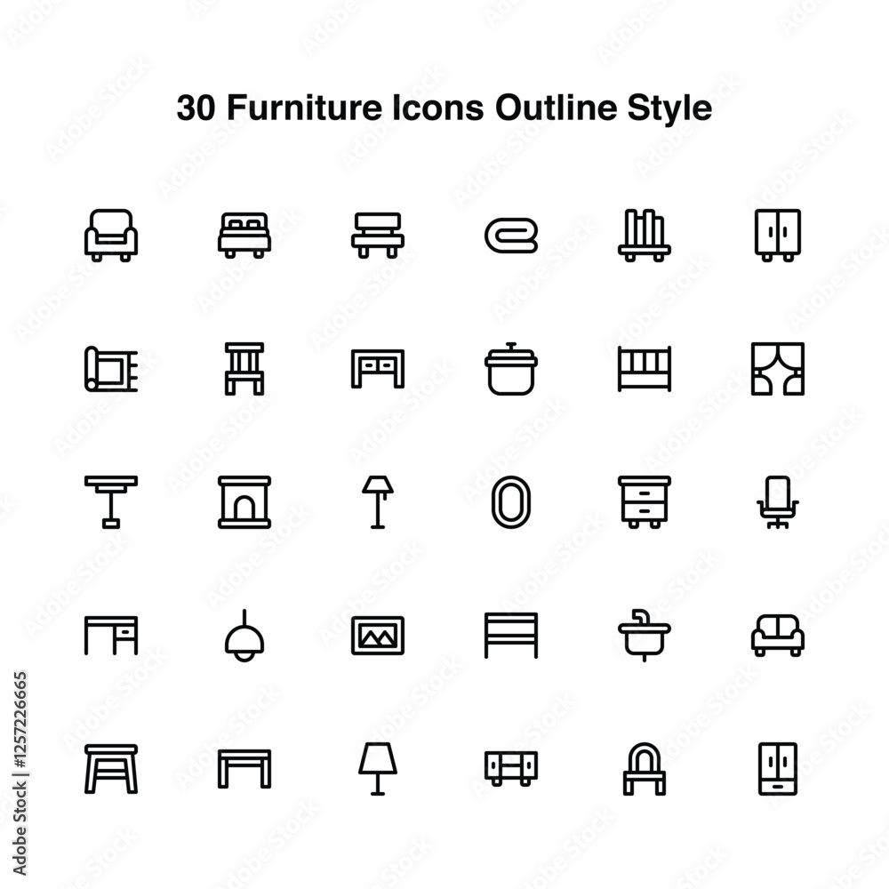 Illustration vector graphic of Furniture Icons Set Outline Style. Furniture Themed Icon. Vector illustration isolated on white background. Perfect for website or application design. Illustration vector graphic of Furniture Icons Set Outline Style. Furniture Themed Icon. Vector illustration isolated on white background. Perfect for website or application design.