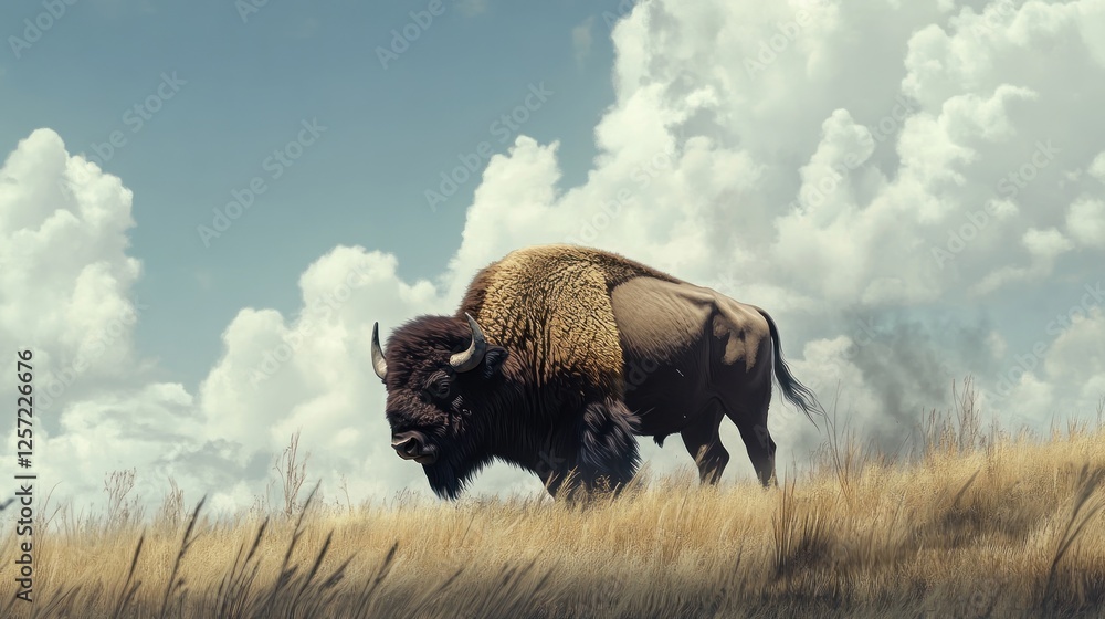 A majestic bison stands in a field beneath a cloudy sky A majestic bison stands in a field beneath a cloudy sky