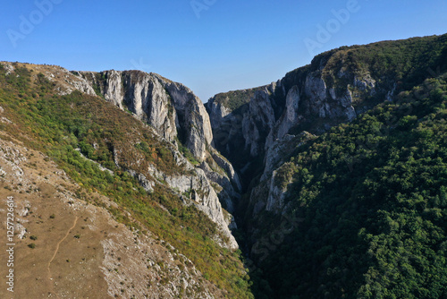 Aerial view of a deep limestone gorge, canyon