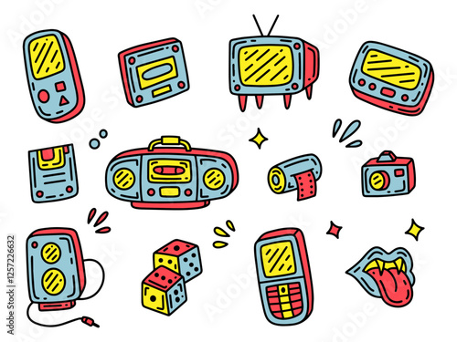 90s doodles hand drawn icon set, vector illustration. Vintage vector 90s
