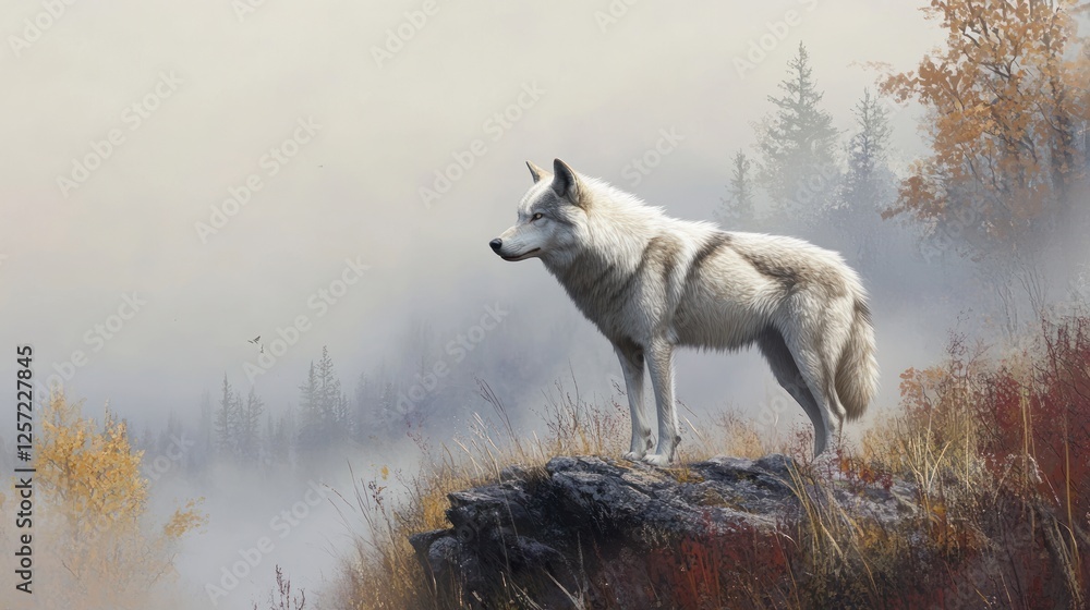 Obraz premium Lone white wolf stands attentively on a rocky overlook