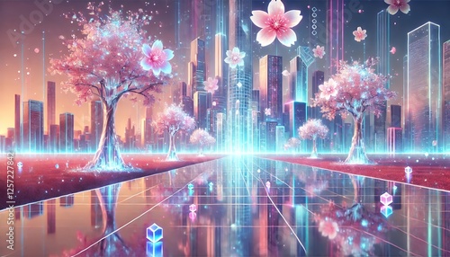 Wallpaper Mural Futuristic Sakura Cityscape with Crystal Trunks and Reflective Surfaces in a Soft Pastel Palette Torontodigital.ca