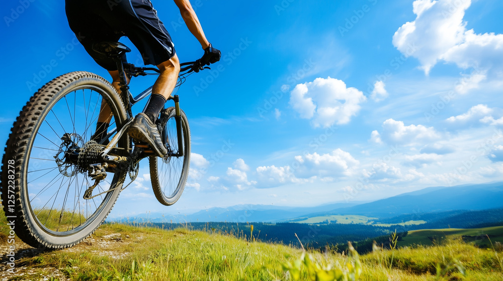 Fototapeta premium Mountain Biking Adventure: A mountain biker soars through the air on a rugged mountain trail.