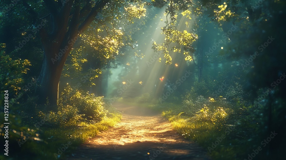 Obraz premium Magical Sunlit Forest Path Serene Nature Scene with Golden Light and Butterflies