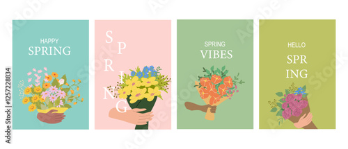 Colorful spring flower bouquets held by diverse hands illustrations.
