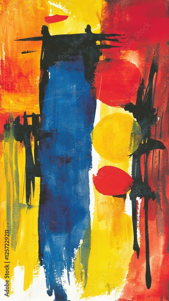 Fototapeta premium Abstract blue column, red yellow circles, vibrant artwork, modern art, decor