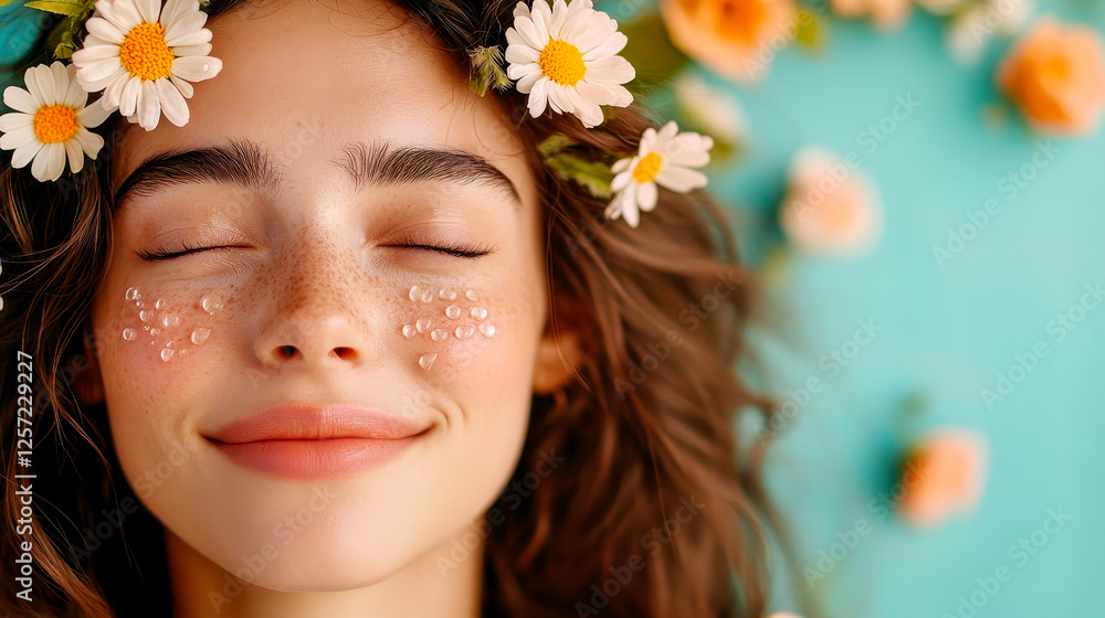 A joyful young woman smiles with closed eyes, adorned with a floral crown and surrounded by delicate flowers against a vibrant background. A joyful young woman smiles with closed eyes, adorned with a floral crown and surrounded by delicate flowers against a vibrant background.