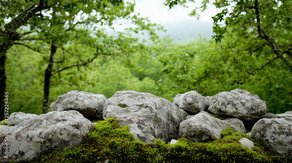 Moss-Covered Stones and Verdant Vista: A tranquil scene of moss-covered stones forming a low wall, overlooking a breathtaking vista of lush green forest. Moss-Covered Stones and Verdant Vista: A tranquil scene of moss-covered stones forming a low wall, overlooking a breathtaking vista of lush green forest.