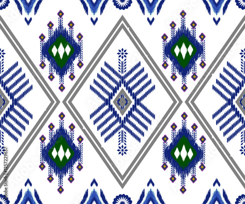 This features geometric pattern with diamond shapes and intricate designs blue, green, and purple white background. symmetrical arrangement creates visually appealing and culturally inspired motif