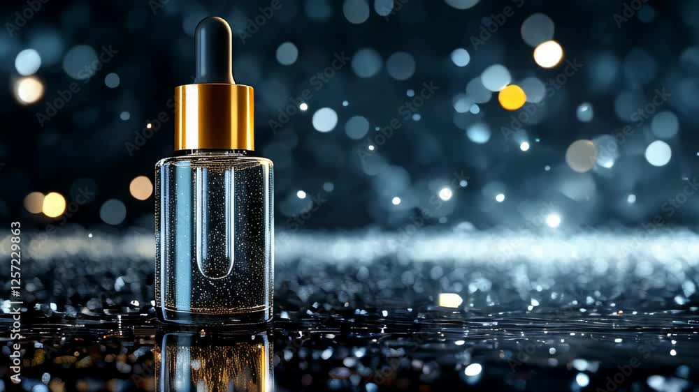 Sparkling serum bottle stands out on a reflective surface against a dreamy blue background with bokeh lights Sparkling serum bottle stands out on a reflective surface against a dreamy blue background with bokeh lights