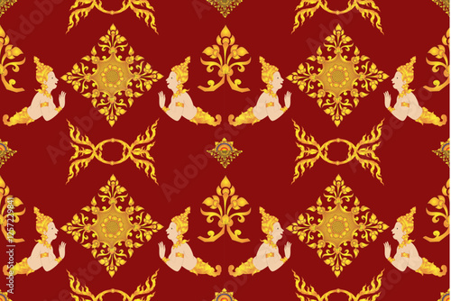 seamless pattern featuring traditional Thai motifs with intricate gold designs and figures on rich red background, showcasing cultural artistry