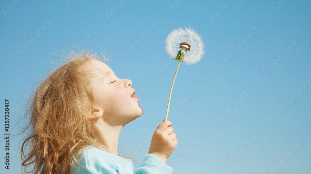 Little Girl Blowing Dandelion: A cute little girl with long, light brown hair joyfully blows on a fluffy dandelion seed head against a vibrant blue sky. A whimsical moment of carefree childhood joy. Little Girl Blowing Dandelion: A cute little girl with long, light brown hair joyfully blows on a fluffy dandelion seed head against a vibrant blue sky. A whimsical moment of carefree childhood joy.