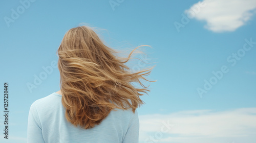 Whimsical Freedom: A young woman with long, flowing blonde hair stands against a backdrop of a clear blue sky, her hair dancing in the wind. photo