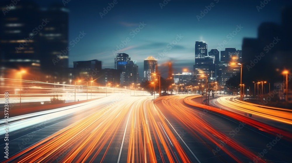 Dynamic Cityscape at Night Urban Highway with Light Trails and Modern Buildings Dynamic Cityscape at Night Urban Highway with Light Trails and Modern Buildings