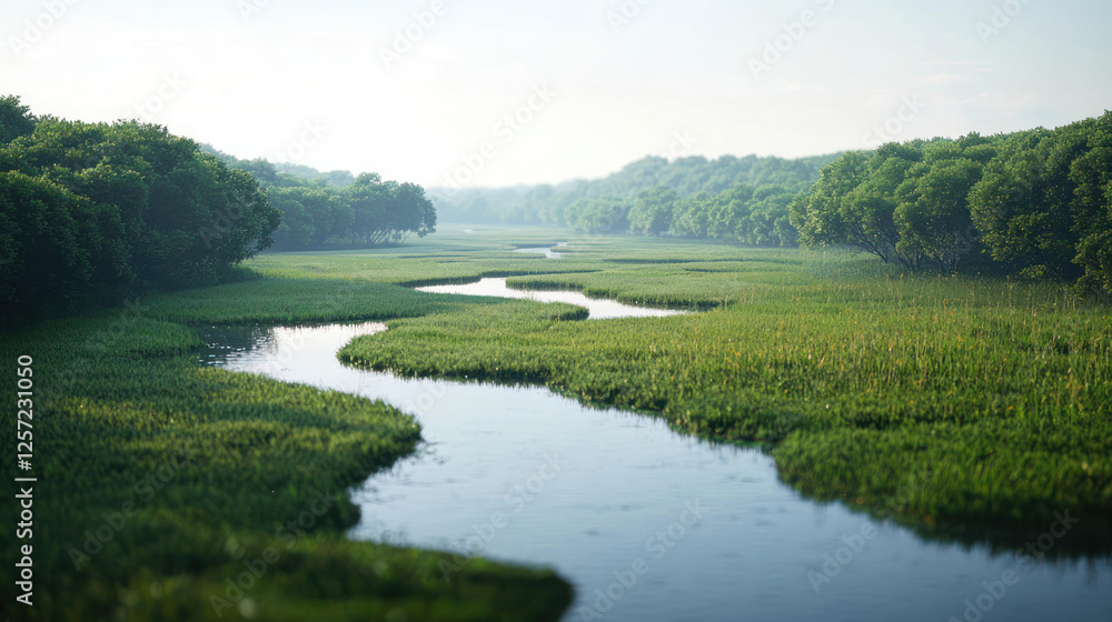 Pixelated River Winding Through Lush Forest Pixelated River Winding Through Lush Forest