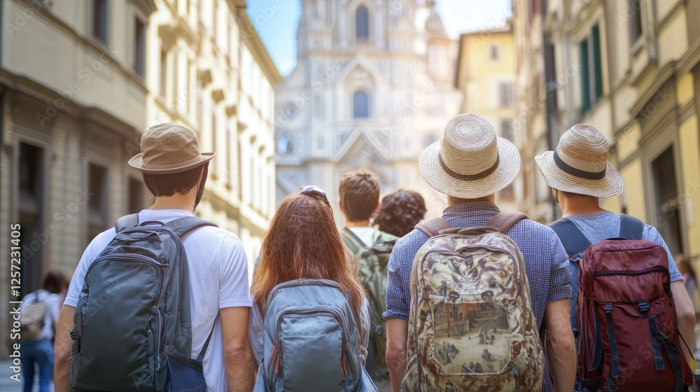 Group of tourists exploring a european city with backpacks Group of tourists exploring a european city with backpacks