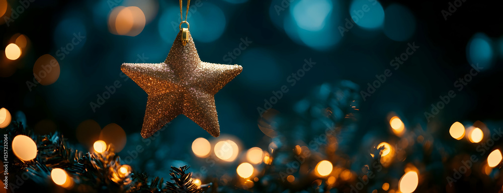 Glittering star Christmas ornament, bokeh lights Glittering star Christmas ornament, bokeh lights