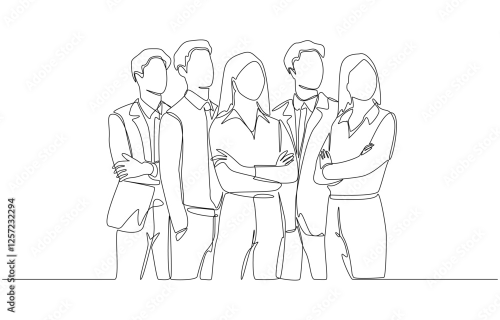 Continuous one line drawing of group of businesspeople standing confidently, business teamwork concept, single line art Continuous one line drawing of group of businesspeople standing confidently, business teamwork concept, single line art