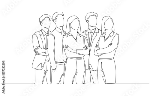 Continuous one line drawing of group of businesspeople standing confidently, business teamwork concept, single line art