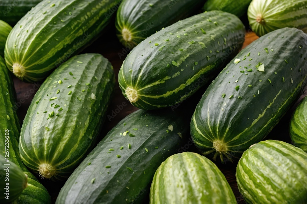 Freshly harvested cucumbers arranged on a wooden surface showcasing their vibrant green color and texture Freshly harvested cucumbers arranged on a wooden surface showcasing their vibrant green color and texture