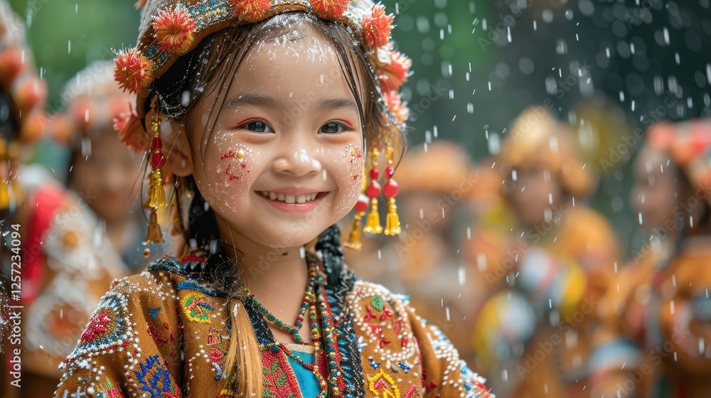 Joyful young girl in traditional attire smiling amidst falling water droplets during a cultural festival Joyful young girl in traditional attire smiling amidst falling water droplets during a cultural festival