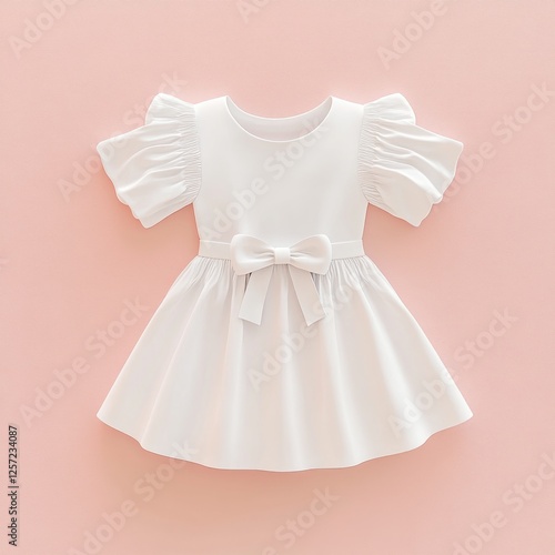 White children's dress, studio shot, simple design. Possible use Online fashion catalog, children's clothing website photo